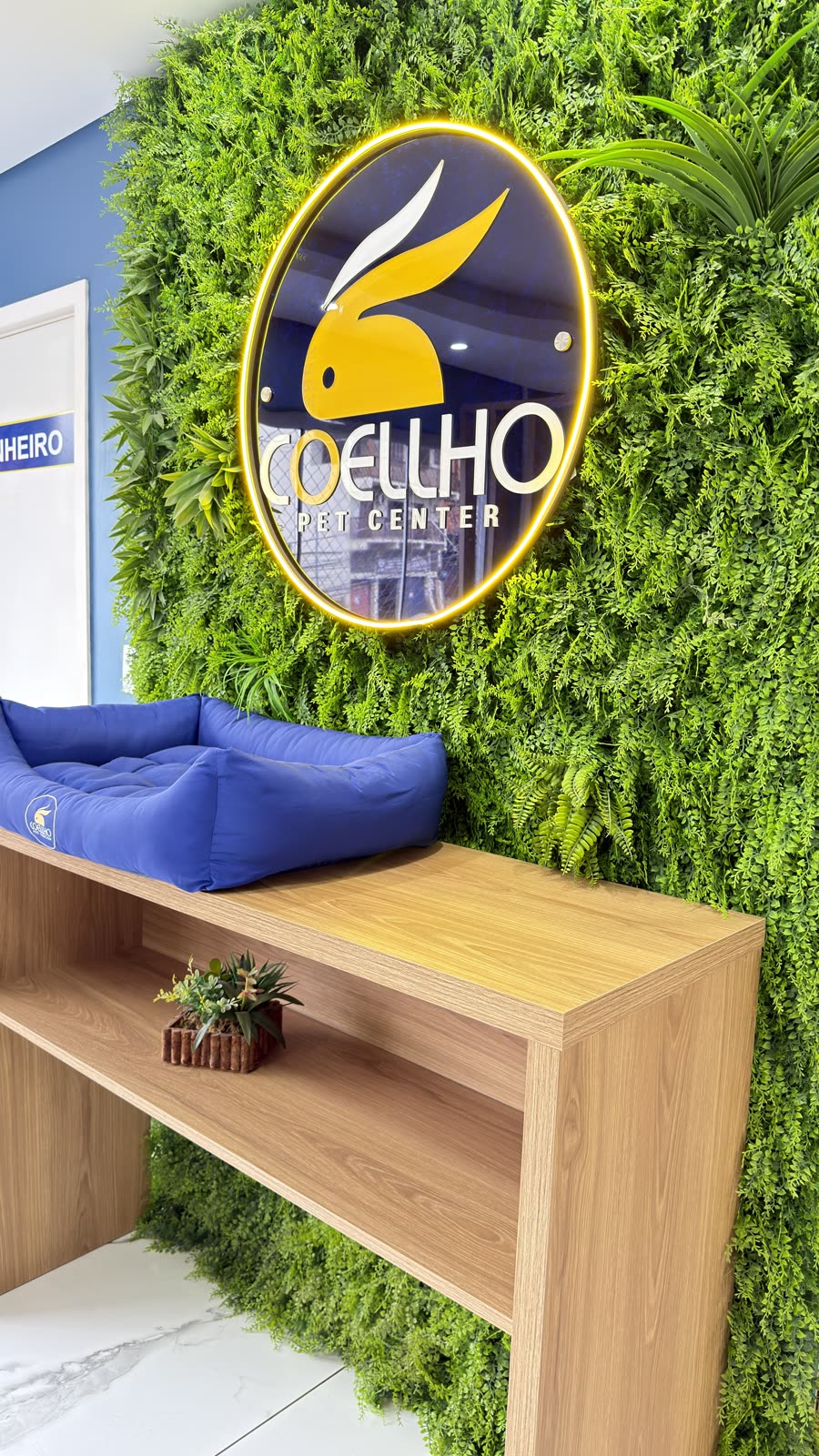 Parede decorada com jardim vertical e logo iluminado da Coellho Pet Center, em Alvorada/RS